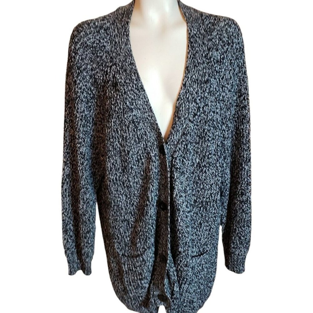 Woman Within 1X 22/24 Navy W/ Ivory Long Sleeve Button Up Cardigan Sweater